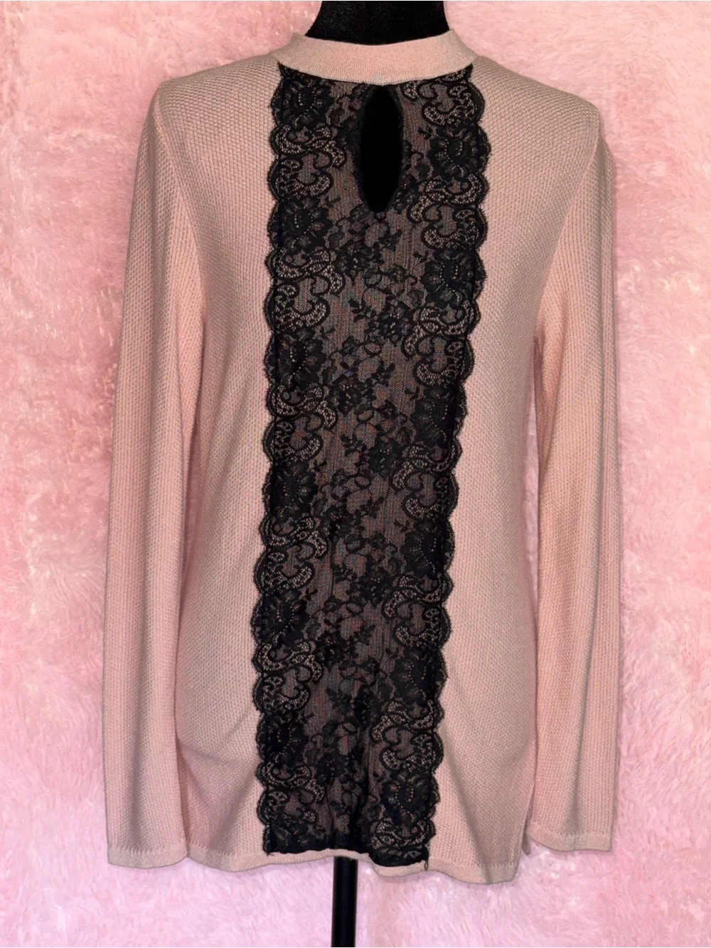 Hannah Blush Pink Black Lace Keyhole Long Sleeve Knit Top Size S